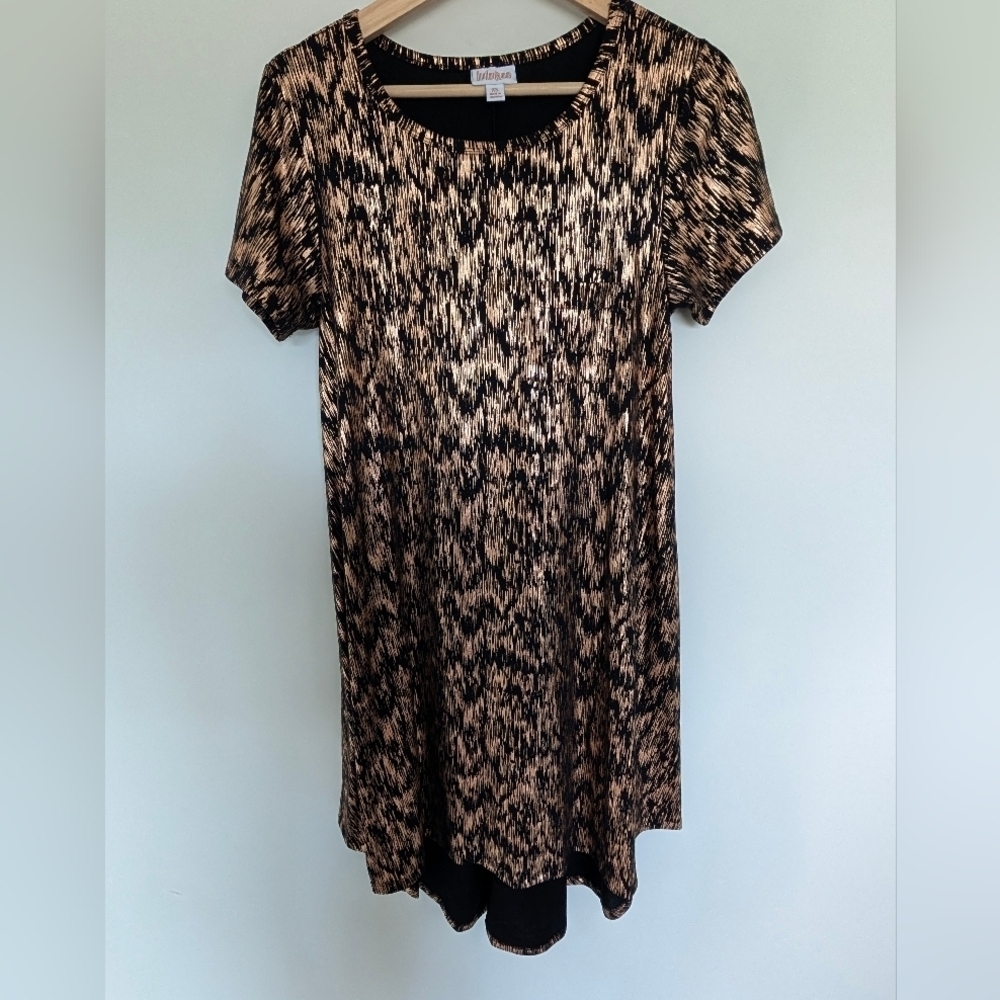LuLaRoe XS Carly High-Lo Swing Dress -Black w/Rose Gold Foil Scribble Overlay